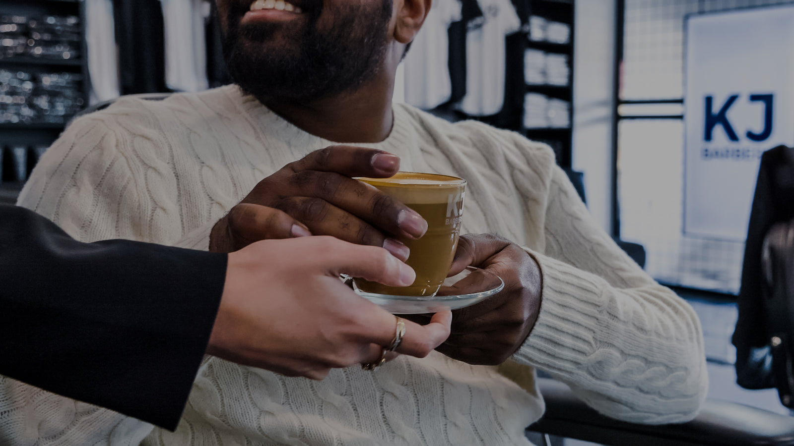 Drinking a latte at KJ Barbers in North Plympton